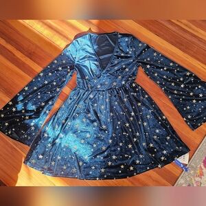 Cider NWT Dark Blue Celestial Star Velvet Mini Dress V Neck Size Medium
